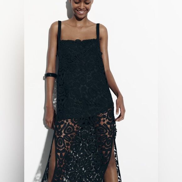 Zara Macrame Knit Dress Black New - Picture 7 of 9